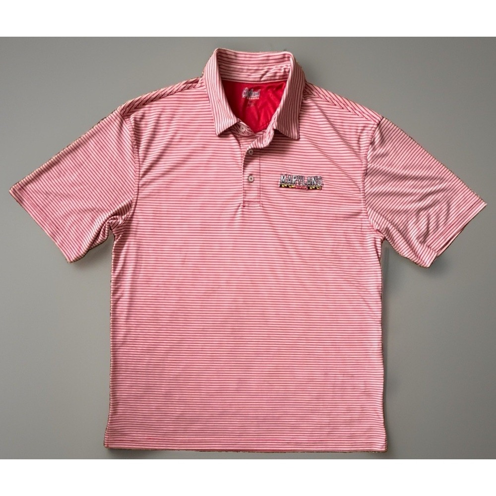 Maryland Terrapins Oxford Short Sleeve Golf Polo Shirt Red Striped NCAA 2XL JBHS